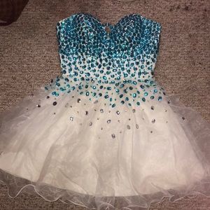 White homecoming dress with blue rhinestones